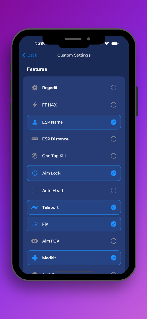 FFH4X Pro - Captura de tela do aplicativo FFH4X Pro mostrando uma lista de recursos personalizados de otimização de jogo, como Aim Lock e Teleport.