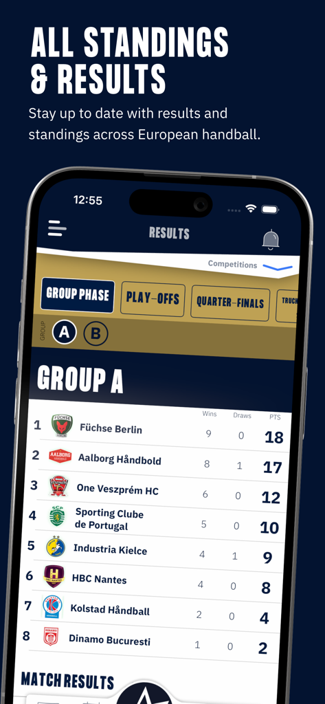 Home of Handball - A screenshot of the Home of Handball app displaying European handball competition standings and results for Group A.