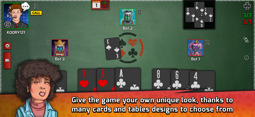 Pocket Tarneeb - Gameplay of Pocket Tarneeb card game with custom avatars and table designs