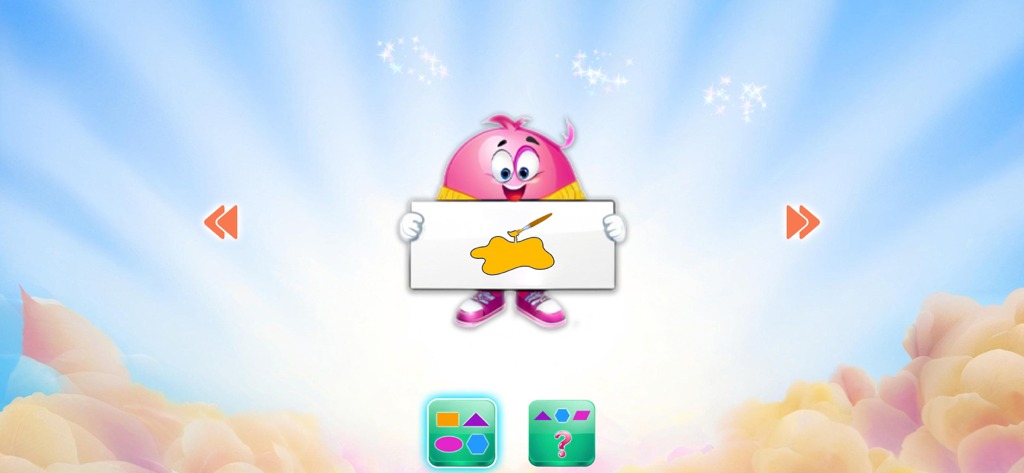 Fun games -Learn with Fun - Eine rosa Zeichentrickmaskottchen hält eine Malereikarte in einer Vorschul-Lern-App mit Symbolen zum Formenvergleich.