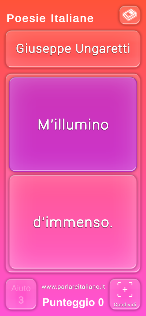Spielbildschirm der Parlare Italiano App mit dem Gedicht Mattina von Giuseppe Ungaretti.