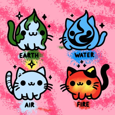 4 cats that represent the different elements, earth, water, air, and fire
