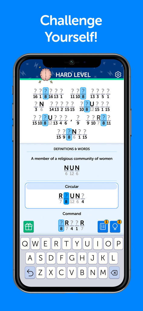 Schermata di gioco del puzzle game Sort It Out che presenta un criptogramma di livello difficile con indizi di parole e una griglia di lettere