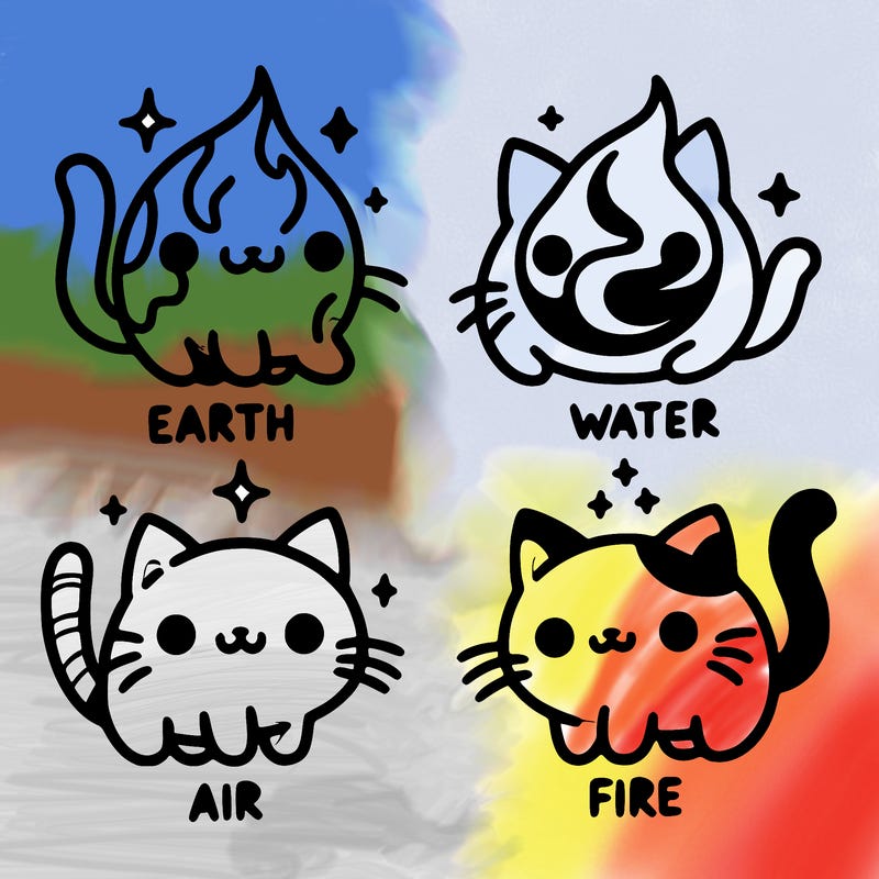 4 cats that represent the different elements, earth, water, air, and fire