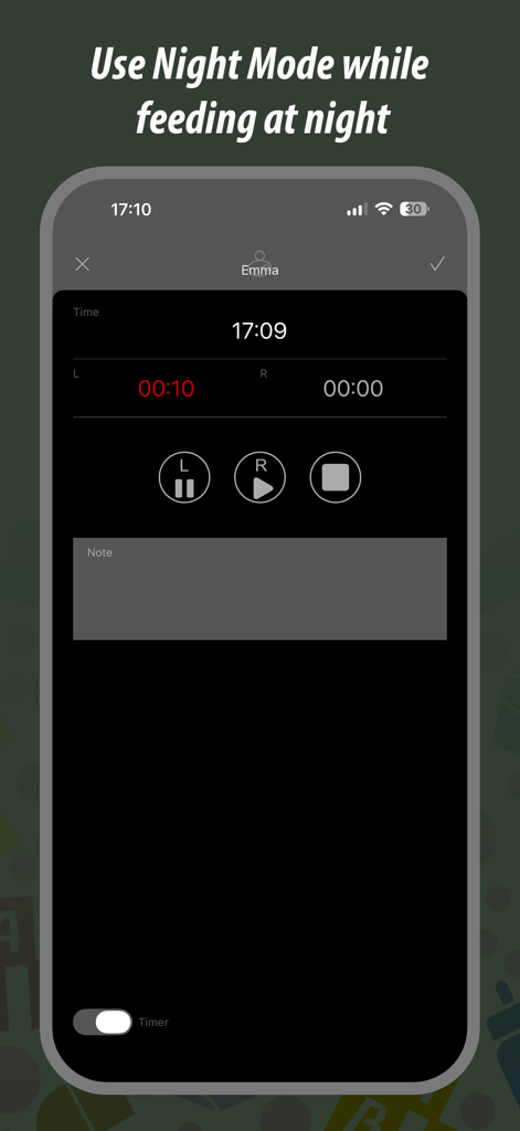 Baby Tracker Pro (Newborn Log) - Interfaz en modo nocturno de la aplicación Baby Tracker Pro que muestra temporizadores de lactancia para registros de alimentación