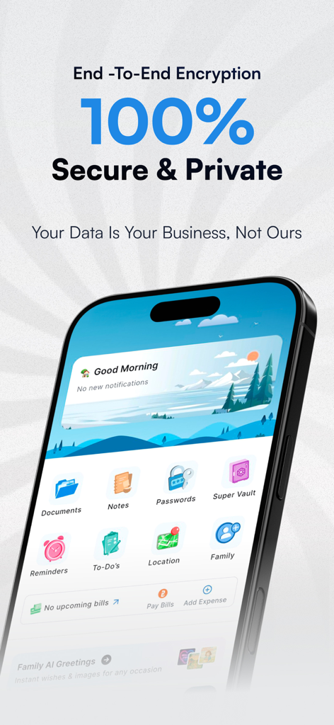 SuperFam app dashboard displaying secure family organization features including encrypted passwords, vault, and location sharing.