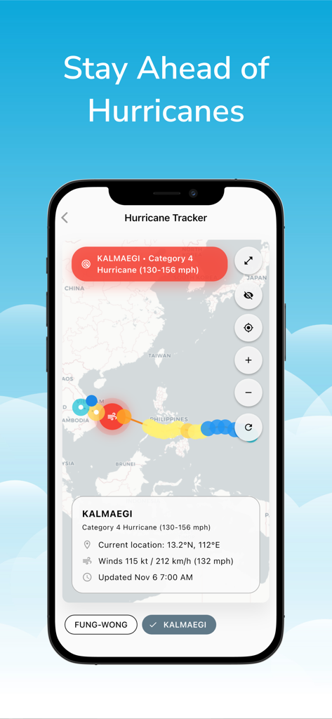 Weather Radar: Forecast Live - Mobile app interface for tracking live hurricane paths on a map