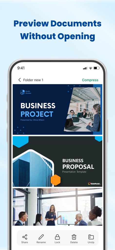 EZ File Explorer: Zip Manager - Interfaz de la aplicación EZ File Explorer mostrando previsualizaciones de documentos de proyectos empresariales y propuestas sin abrirlos.
