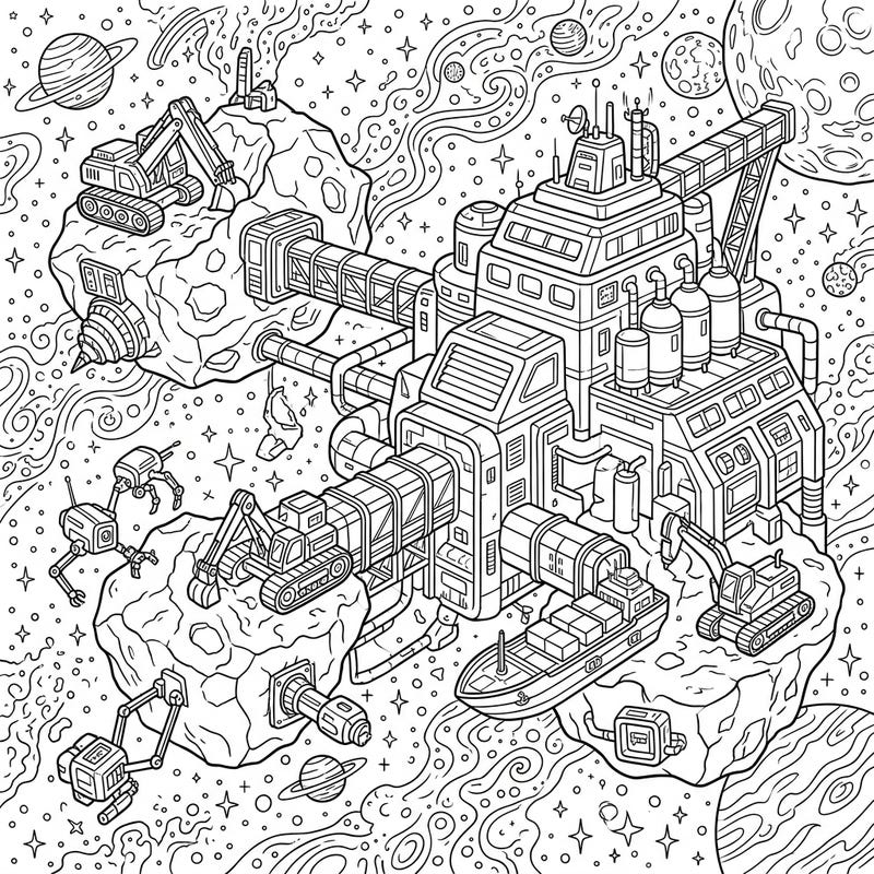 Blast off into a galactic coloring journey with this incredibly detailed asteroid mining base design. Discover a complex network of space stations and machinery nestled among cosmic wonders, perfect for sci-fi enthusiasts of all ages.