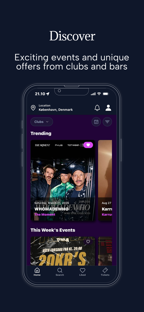 OPIC - Nightlife App - OPIC app interface showing trending nightlife events and discovery options for bars and clubs.