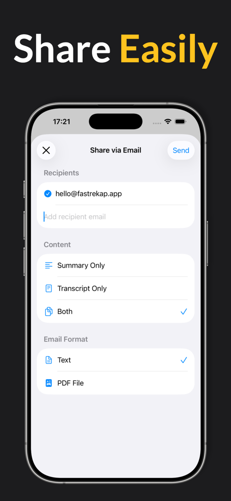 Fast Rekapアプリのインターフェース。会議要約と文字起こしをテキストまたはPDF形式でメールで共有できます。