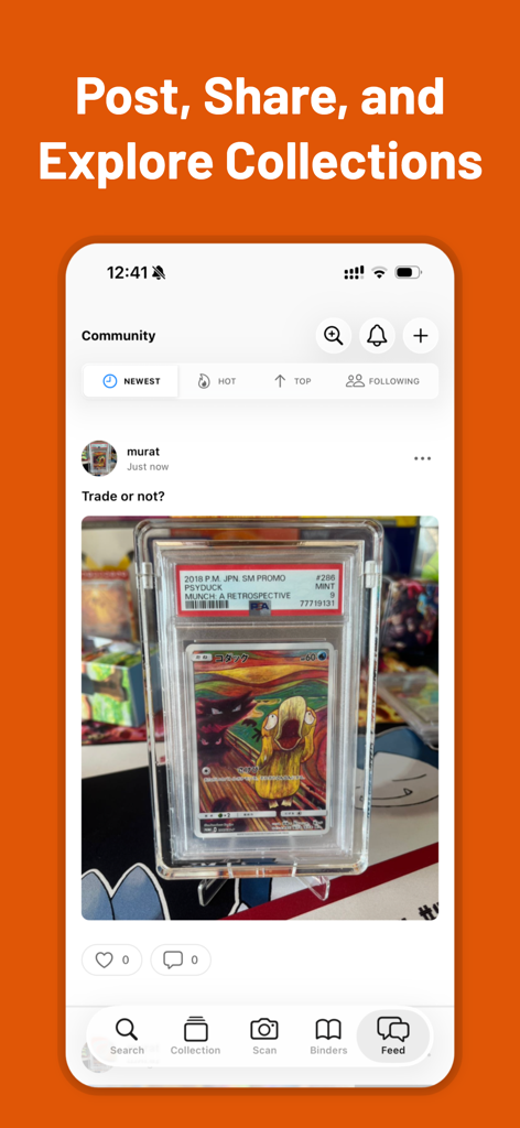 Feed social no aplicativo Pulio mostrando a postagem de um usuário de uma carta de Pokémon graduada com opções para postar e compartilhar coleções