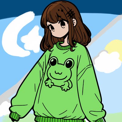 girl wearing frogging sweatshirt