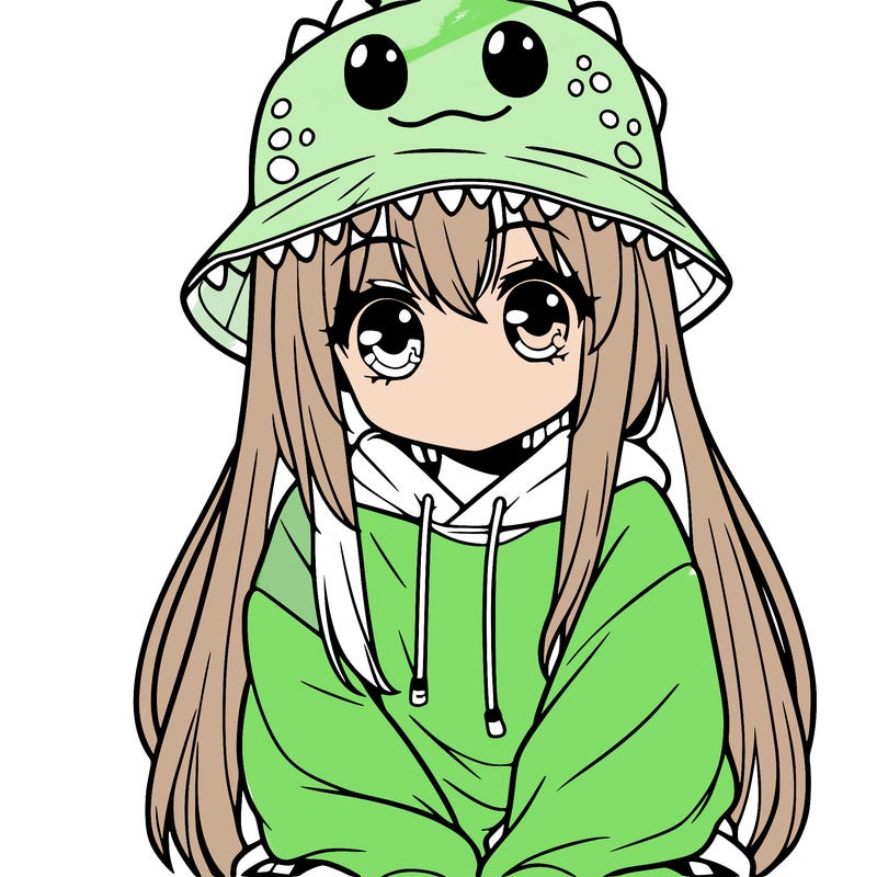 girl with anime shaped eyes with a dinosaur bucket hat oversized sweatshirt long straight hair