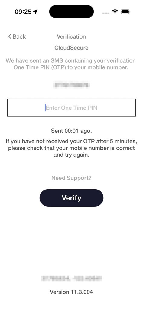 Cloudsell Cloud Secure - Cloudsell Cloud SecureアプリのOTP検証画面。