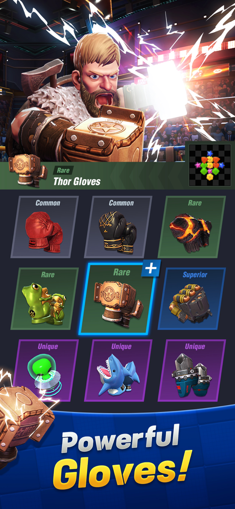 Interfaccia di gioco di Boxing Star che mostra guantoni da boxe collezionabili con diversi livelli di rarità, inclusi design di guanti Thor, squalo e alieno