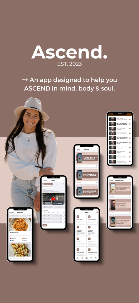 Ascend Wellness App - A collage of smartphone screens showcasing the Ascend Wellness App features including yoga, fitness tracking, and healthy recipes