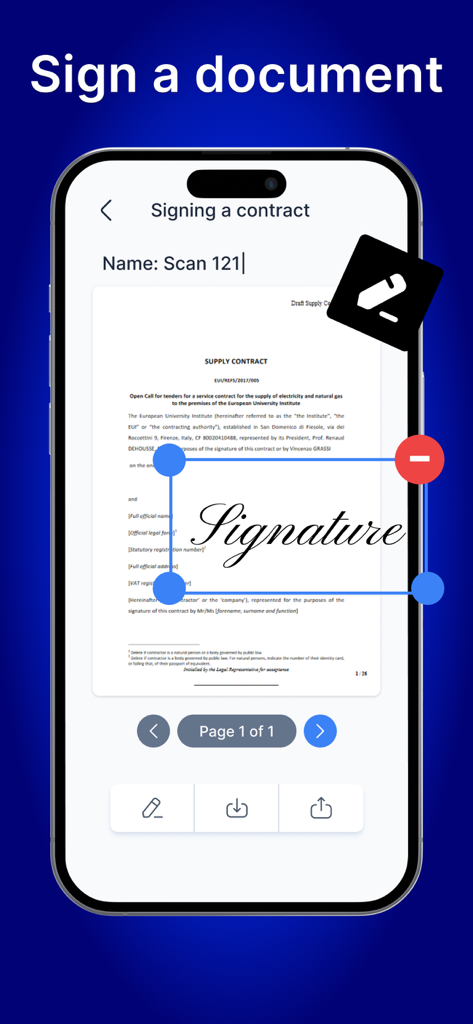 A mobile phone screen demonstrating the digital signature feature on a contract document