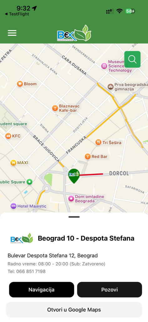 Bex Mobile - Map view of a Bex Express parcel shop in Belgrade with details and navigation buttons
