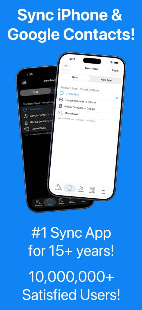 Interface of the Contacts Sync app showing options for 2-way sync between Google and iPhone contacts.