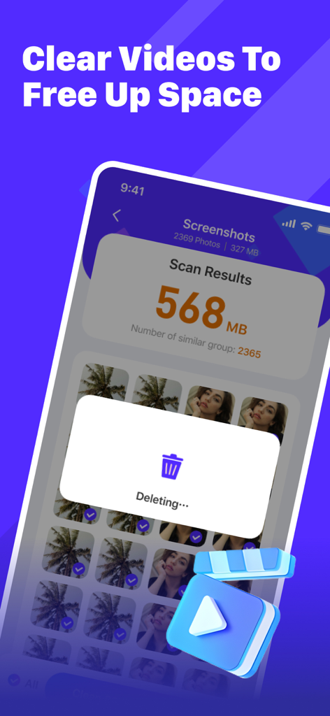 ClarioClean mobile app interface showing a scan result for clearing videos and screenshots to free up phone storage