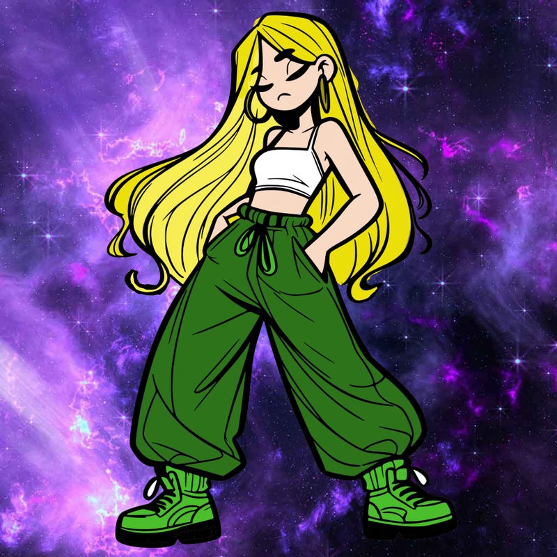girl in baggy pants crop top and long hair