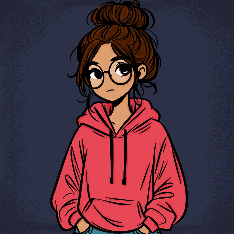 teen girl with a messy bun and glasses wearing a loose hoodie and jeans
