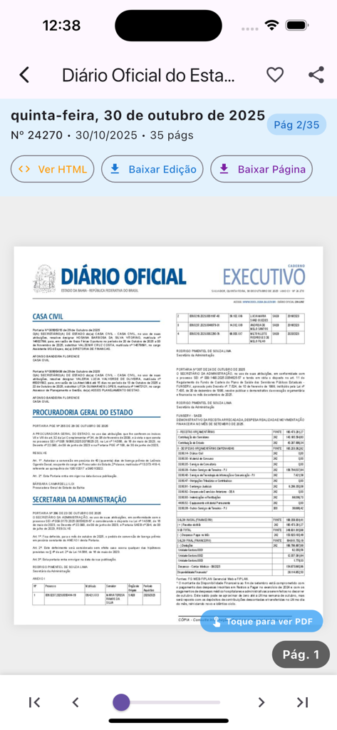 EGBA - Imprensa Oficial - Captura de pantalla de la aplicación EGBA que muestra el boletín oficial del Estado de Bahía.