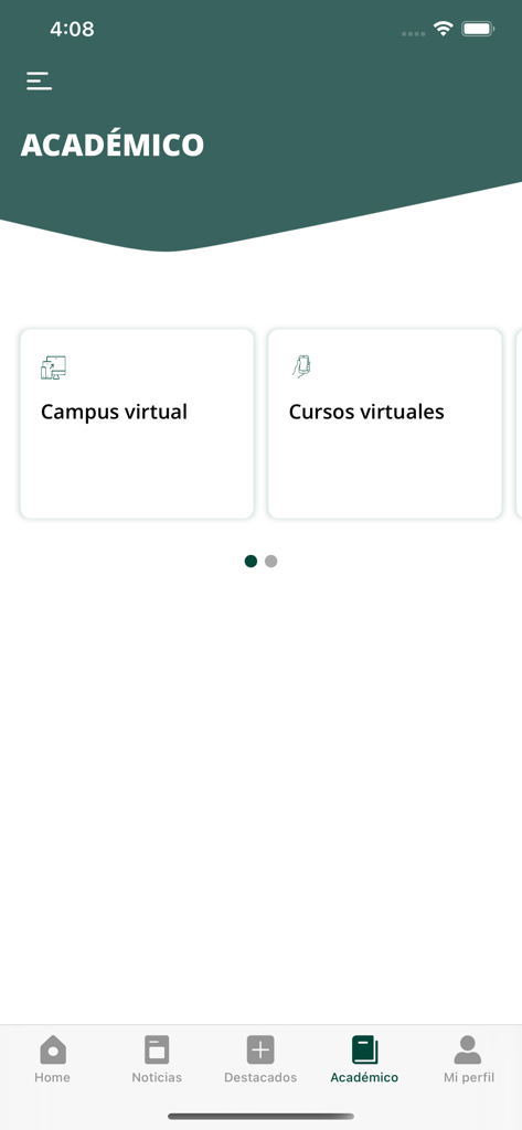 Sección académica de la app móvil UNED mostrando opciones de campus virtual y cursos virtuales