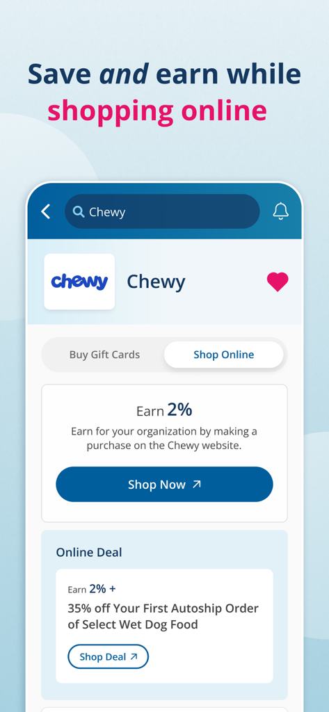 RaiseRight app interface showing how to earn 2 percent for fundraising while shopping online at Chewy.