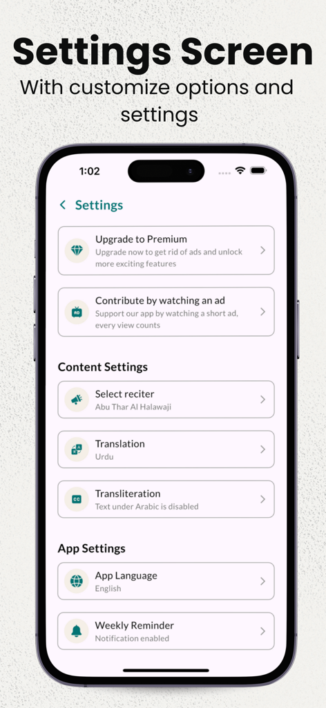 Dua e Ahad app settings screen showing options for translation reciter selection and weekly reminders
