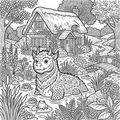Dive into a world where ancient myth meets rustic charm with this delightful Bunyip Cottagecore coloring page. Unleash your creativity as you bring this peaceful, whimsical scene to life with your favorite colors.