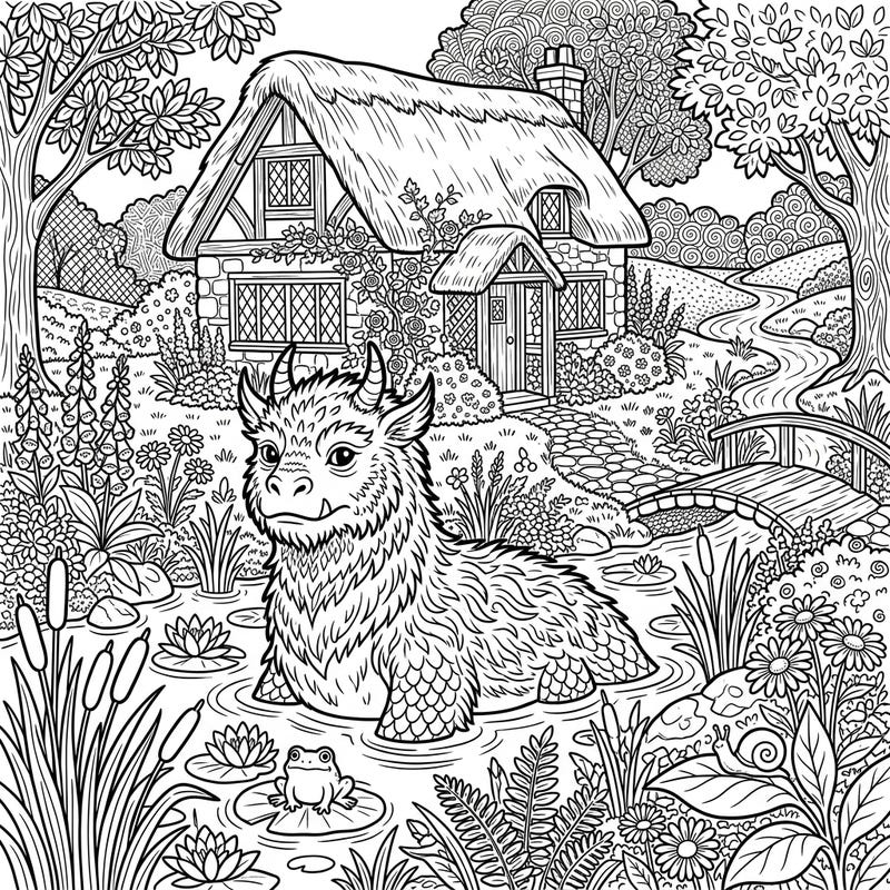 Dive into a world where ancient myth meets rustic charm with this delightful Bunyip Cottagecore coloring page. Unleash your creativity as you bring this peaceful, whimsical scene to life with your favorite colors.