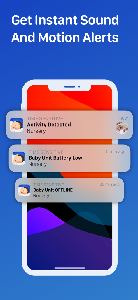 Smartphone displaying instant sound and motion alerts from the Cloud Baby Monitor app