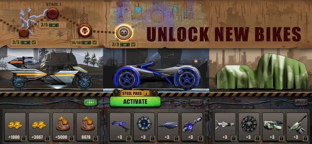 Dead Hill Racing: Zombie Climb - Game menu screen showing weaponized vehicles and upgrade rewards in Dead Hill Racing