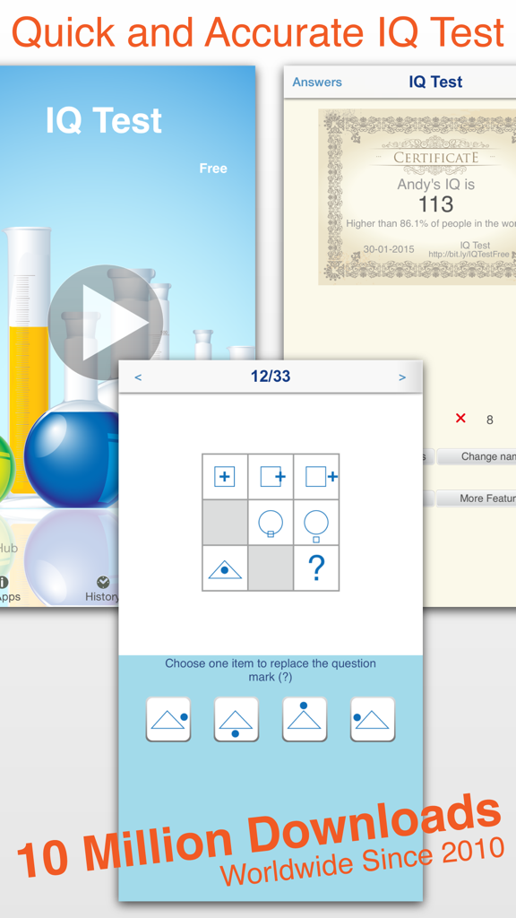 IQ Test Classic - Interface do aplicativo Teste de QI Clássico mostrando um quebra-cabeça de lógica e um certificado de inteligência de amostra
