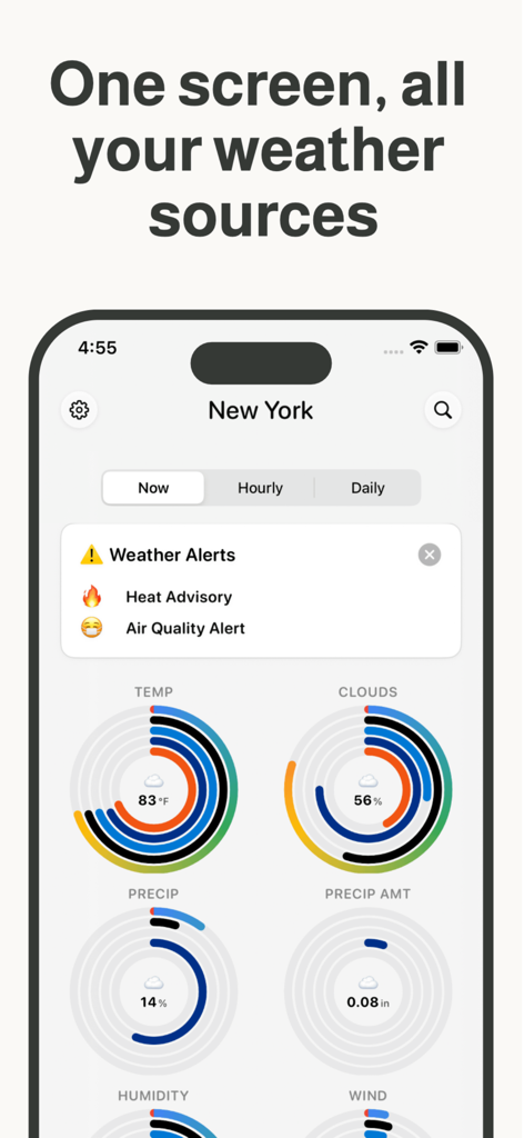 Weather Dialアプリのインターフェース。ニューヨークの天気ソース比較とアクティブアラートを表示。