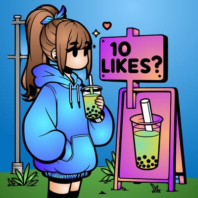 girl with oversized hoodie drinking boba and she has a high ponytail with a sign that says 10likes?