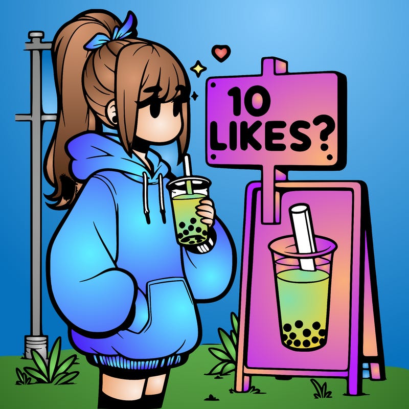 girl with oversized hoodie drinking boba and she has a high ponytail with a sign that says 10likes?