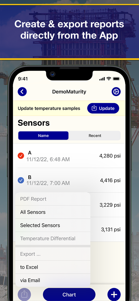 COMMAND Center™ Concrete 4 - COMMAND Center app interface for creating and exporting concrete sensor reports to PDF and Excel