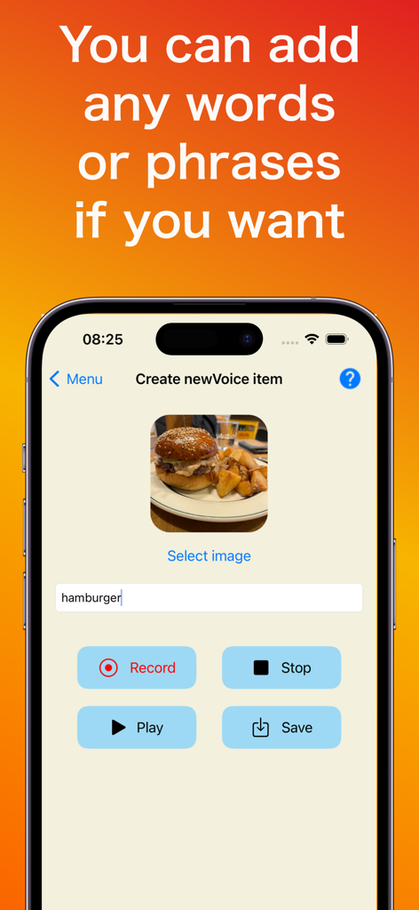Interface of MyVoiceApp plus showing the screen to add a custom word with an image and voice recording buttons.