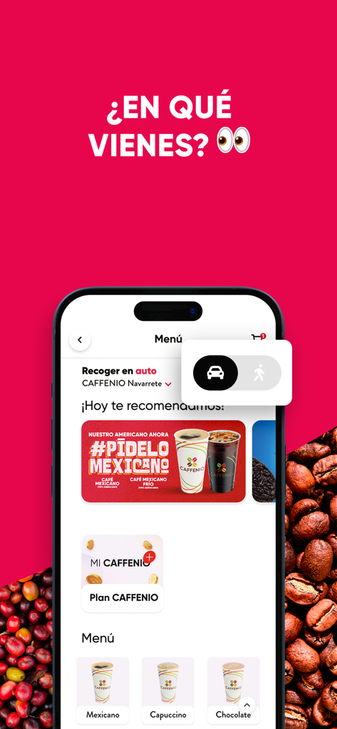 Tela do menu do aplicativo CAFFENIO mostrando opções de retirada no drive-thru e no balcão com seleções de bebidas de café.