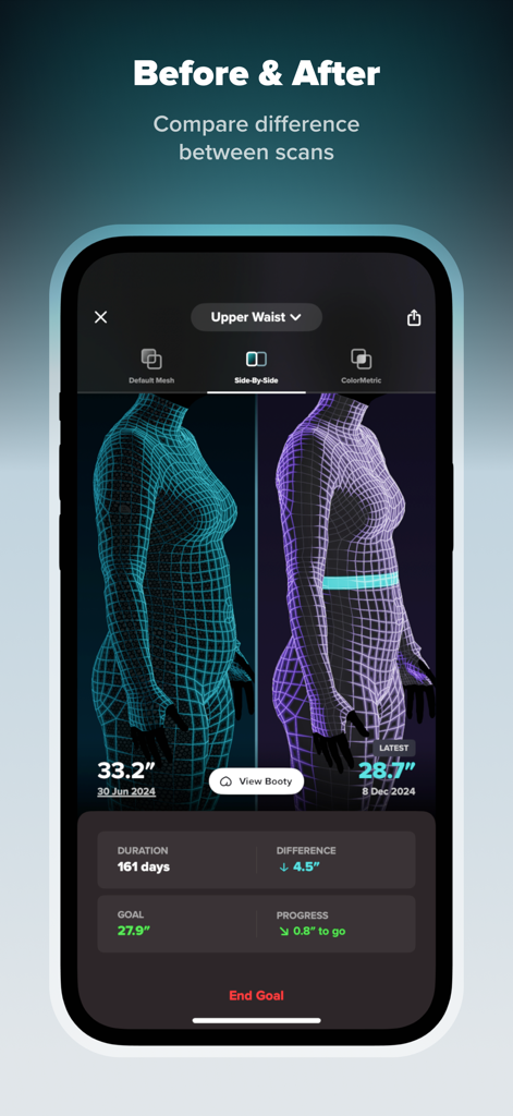 ZOZOFIT: 3D Body Scanner - Side by side 3D body scan comparison showing waist measurement progress in the ZOZOFIT app
