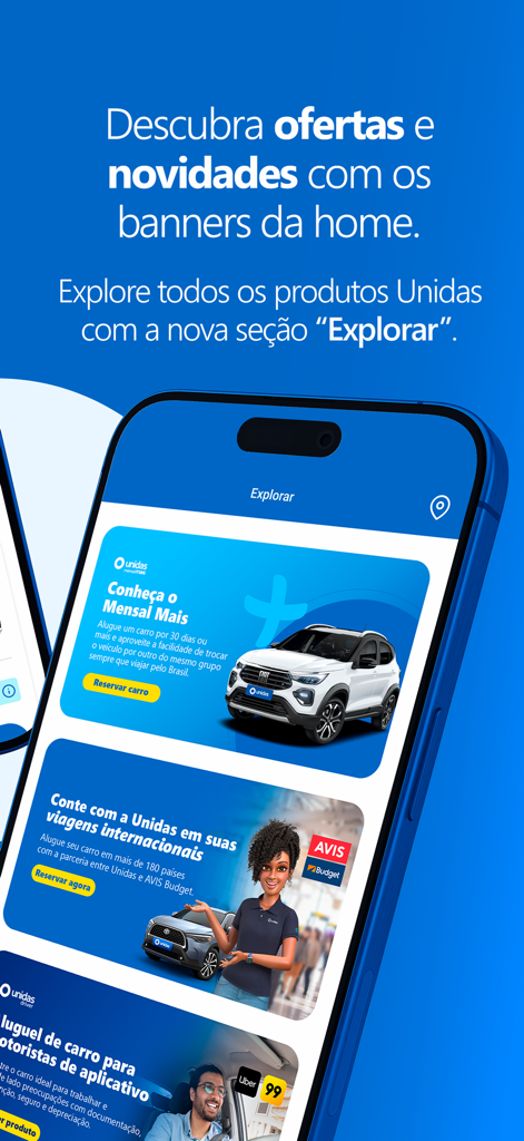 Unidas Aluguel de Carros - 특별 혜택 및 탐색 섹션을 보여주는 Unidas 렌터카 앱 인터페이스