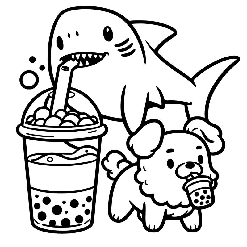 shark in boba and  a dog drinking out of it