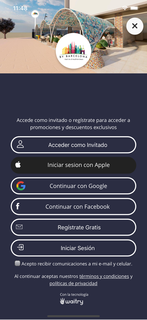 by Barcelona - Pantalla de inicio de sesión y registro de la aplicación by Barcelona con acceso para invitados y opciones de inicio de sesión social.