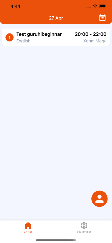Edu Tizim Student - Mobile app interface of Edu Tizim Student showing a scheduled English lesson for April 27 from 20:00 to 22:00.