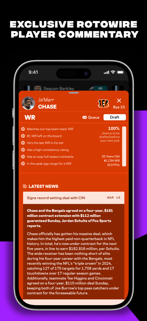 RotoWire Fantasy Football app interface showing expert player commentary and draft data for Ja'Marr Chase.
