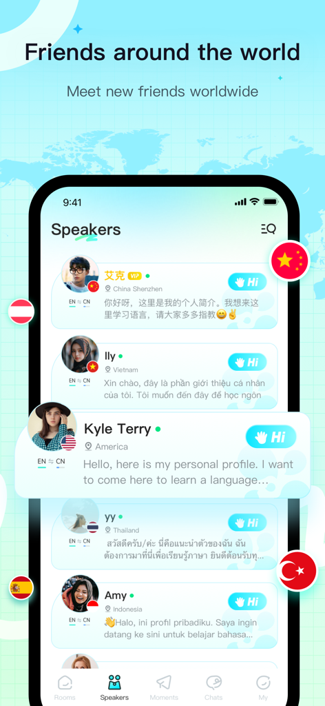 YeeTalk app interface showing a list of language partners and friends from different countries