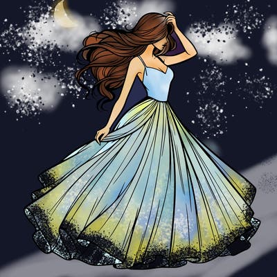 realistic woman with dress flowing in the wind